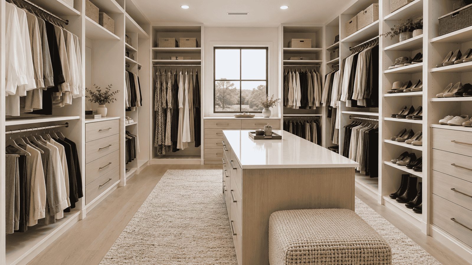 Custom walk-in closet with a center island, drawers, shoe shelves, and hanging space